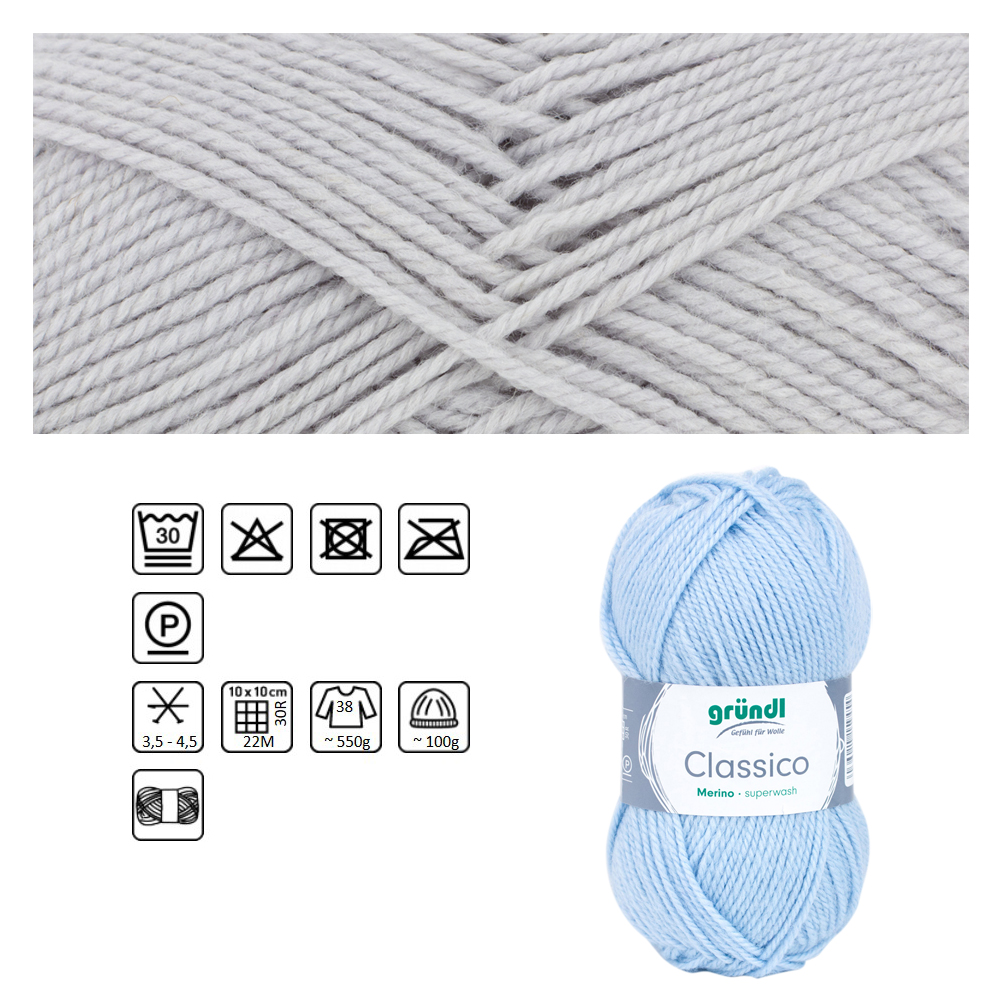 Classico Schurwolle, 50% Merino, 50% Polyacryl, 50g / 120m, Farbe 03, hellgrau