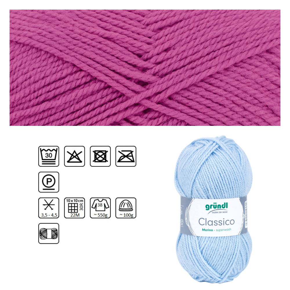 Classico Schurwolle, 50% Merino, 50% Polyacryl, 50g / 120m, Farbe 09, fuchsia