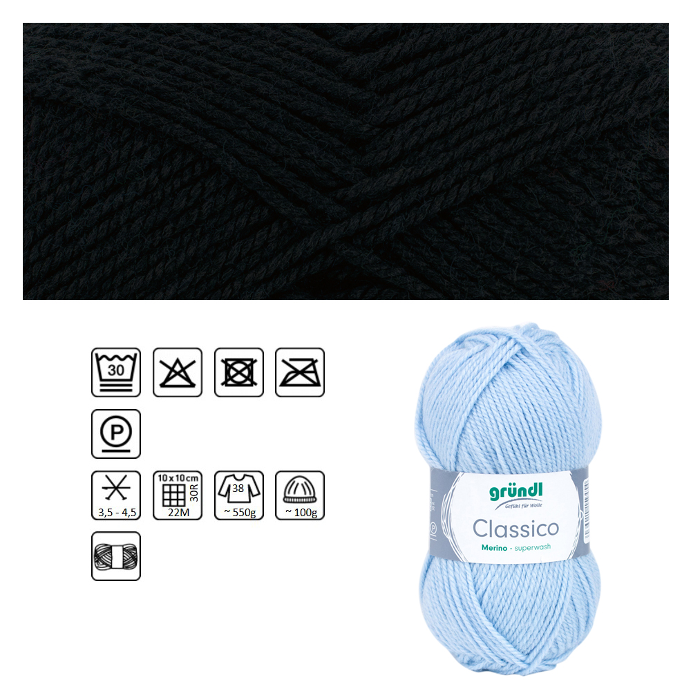 Classico Schurwolle, 50% Merino, 50% Polyacryl, 50g / 120m, Farbe 20, schwarz