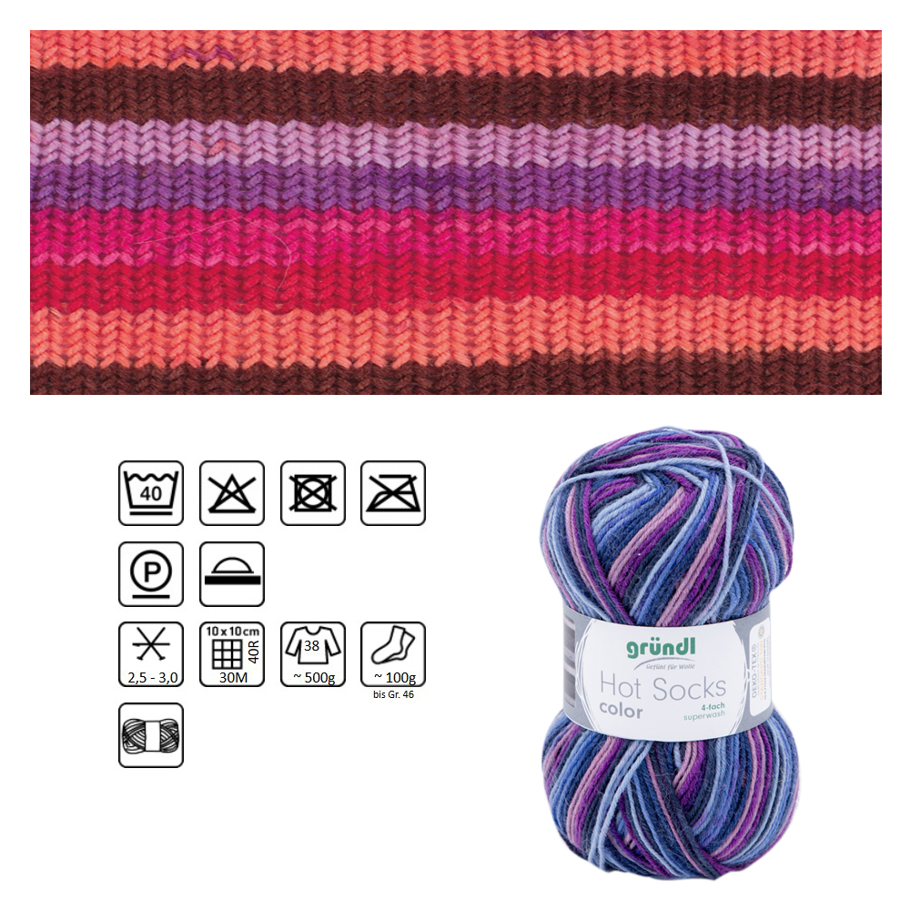 Strumpfwolle Hot Socks color, 75% Schurwolle, 25% Polyamid, Oeko-Tex Standard, 50g, 210m, Farbe 401, berry mix