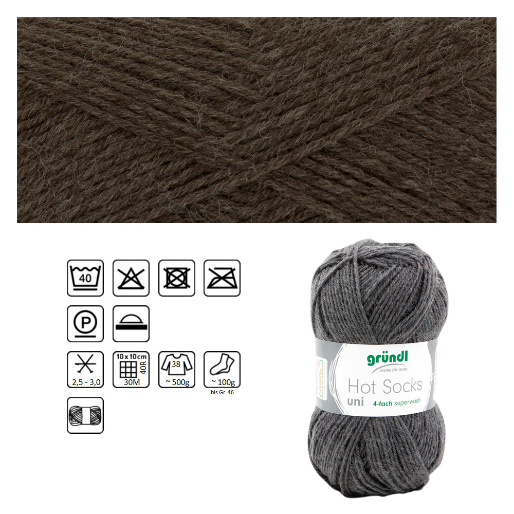 Strumpfwolle Hot Socks uni 50, 75% Schurwolle, 25% Polyamid, Oeko-Tex Standard, 50g, 210m, Farbe 10, schoko