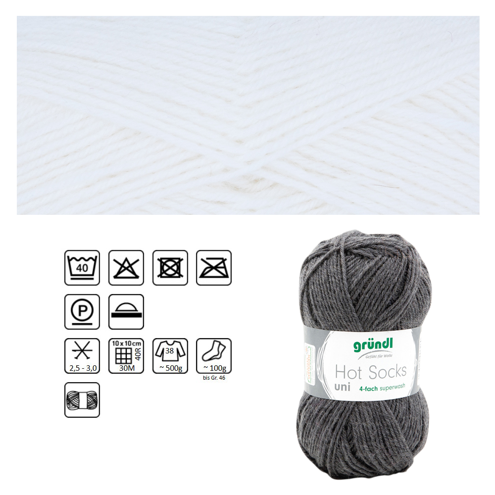 Strumpfwolle Hot Socks uni 50, 75% Schurwolle, 25% Polyamid, Oeko-Tex Standard, 50g, 210m, Farbe 29, weiß