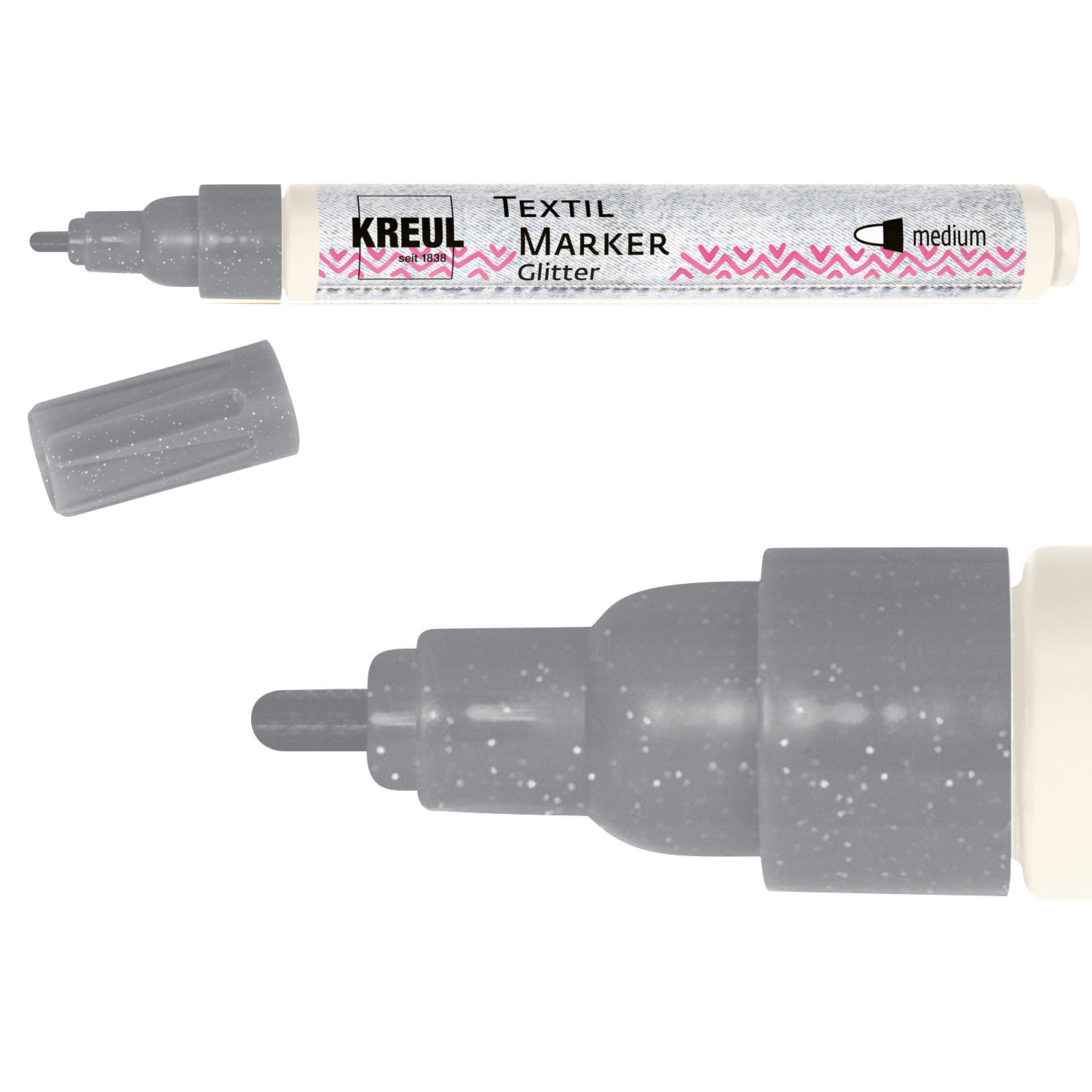 Kreul Textil Marker / Stoffmalstift, Glitter, Medium, 2-4 mm, Silber