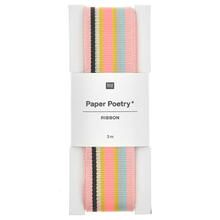 Webband Multi Streifen, 100% Polyester, Rosa-Schwarz-Iri-Grau-Gelb-Blau, 25 mm x 3 m