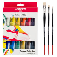 Amsterdam Acrylfarben Einsteigerset / Sparpack, 12 x 20 ml & Pinselset 3-teilig Sythetik