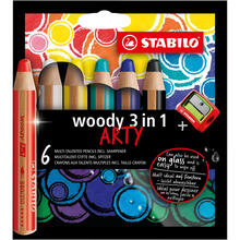 STABILO woody 3 in 1: Buntstift / Wasserfarbe / Wachsmalstift, 6er Etui ARTY mit Spitzer